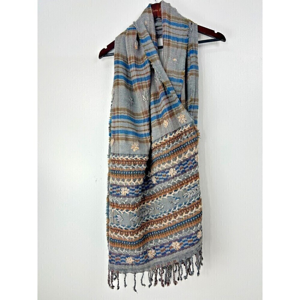 Wool Scarf Fringed Epitome India Gray Blue Rust Beaded Floral Plaid Runner 25X75